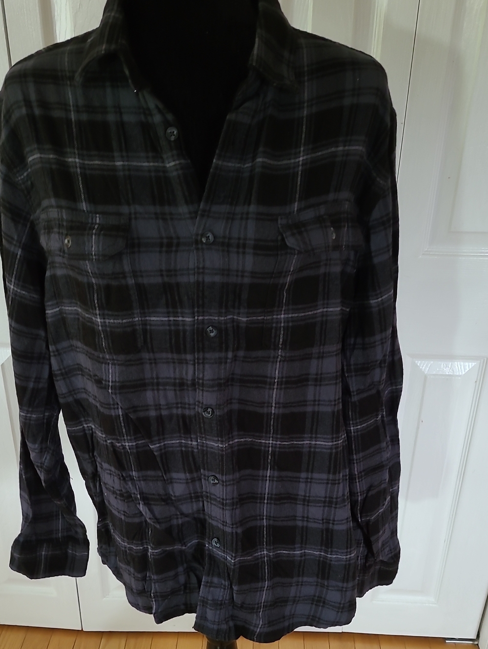 George Black and Blue Plaid Flannel Shirt W/Holly Jolly Christmas Ssying On Back